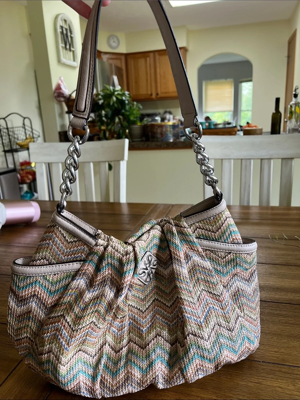 Simply Vera Vera Wang Neutral Multi Chevron Shoulder Bag with Silver Chain
